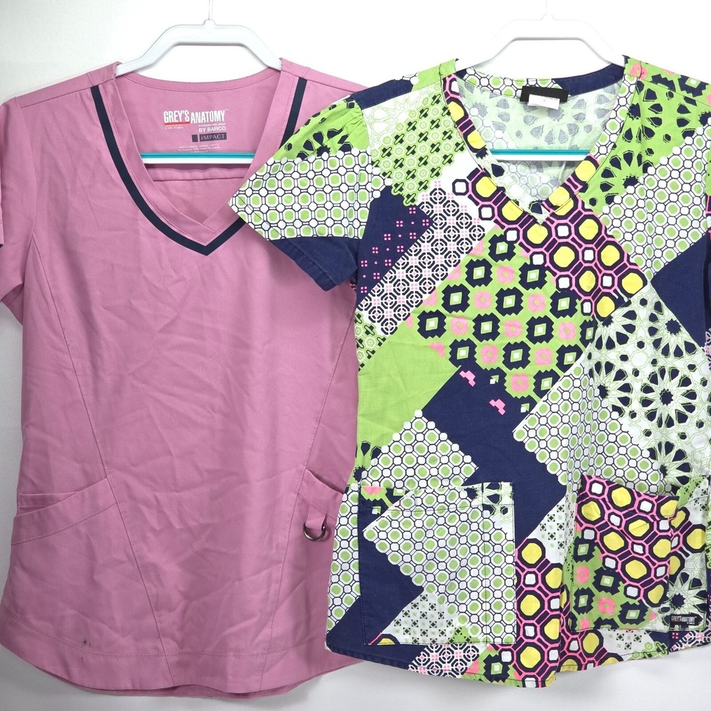 2‎ Grey's Anatomy Scrub Tops Women's Small Impact Patchwork Mosaic Colorful EUC